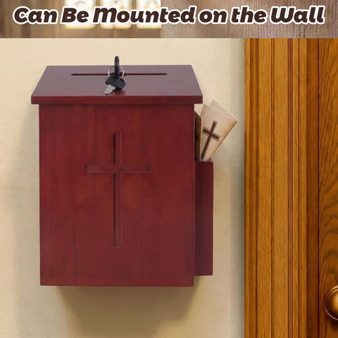 Built Tough Wooden Donation Box Keeps Church Offerings And Prayer Notes Totally Secure With Dual Keys And Smooth Hinged Lid Featuring Dark Mahogany Finish And Easy Mounting On Counters Or Walls - Wall Mounted with Keys and Prayer Notes