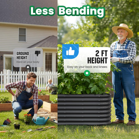 Oval Galvanized Raised Garden Bed Kit With Strengthened Crossbar For Tall Metal Planter Box To Grow Veggies In Outdoor Backyard 6 By 3 By 2 Feet Dark Gray Safe No Sharp Corners Heavy Duty And Easy To Set Up, shown in use with a person gardening without bending.