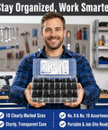 Man holding 450 Piece Go-To Black Self Drilling Screws Kit With 410 Stainless Steel Assortment in workshop