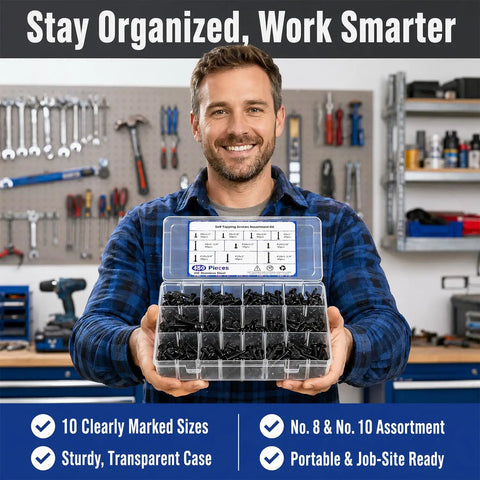Man holding 450 Piece Go-To Black Self Drilling Screws Kit With 410 Stainless Steel Assortment in workshop