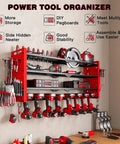 Power Tool Organizer Wall Mount For Workshop And Garage, 4 Layer Cordless Drill Organizer Rack With 3 Fixed And 1 Adjustable Layer, Large Capacity Tool Storage Holds Up To 8 Drills Red mounted on a wall, displaying tools.
