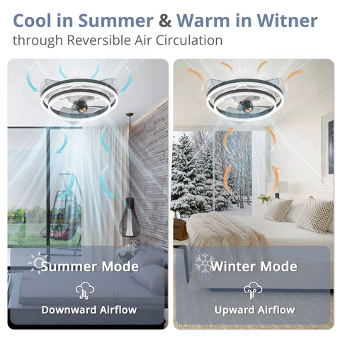 20 Inch Low Profile Ceiling Fan With Lights And Remote Bladeless Modern Oscillating shown in summer and winter modes