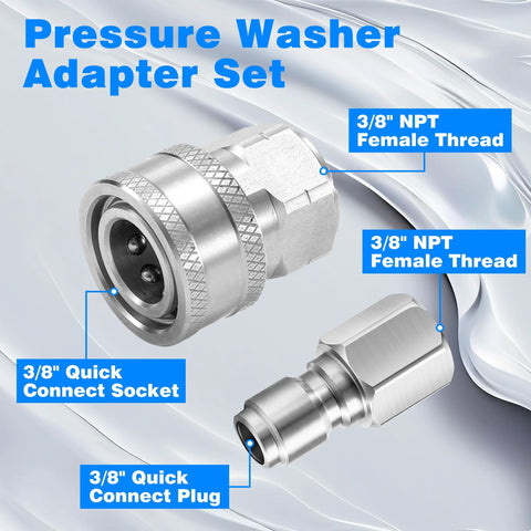 Front view of stainless steel 3/8 in NPT pressure washer adapter with quick-connect socket and plug fittings