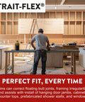 Man in workshop using drywall shims for leveling and framing fixes, easy dispense cardboard strips, DIY home reno project.