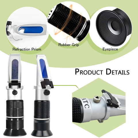 Handheld Honey Refractometer With Tri-Scale Baume 38 To 43 Degrees, Brix 58 To 92 Percent, And Water 12 To 27 Percent For Quick Sweetness Checks On Honey, Jelly, Jam, And Syrup - Pro Grade Sugar Content Meter For Foods And Beverages, silver body with blue prism and black grip