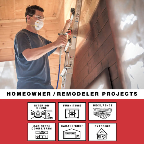 Heavy Duty Airless Paint Sprayer For Interior And Exterior Tasks Featuring Fully Adjustable Pressure Control in use by homeowner on ladder.