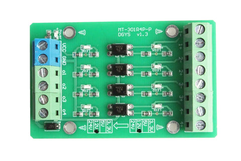 Top view of 4 Channel Optocoupler Isolator Module with Level Voltage Converter for PLC Signals PNP NPN to NPN 3.3V to 12V, showing circuits