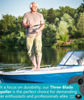 Man fishing on small boat with Go To Three Blade Trolling Motor Propeller Replacement For Machete III 3.5 Inch Hub visible in corner.