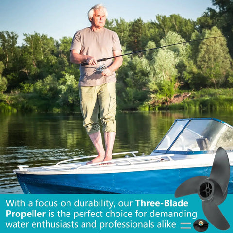 Man fishing on small boat with Go To Three Blade Trolling Motor Propeller Replacement For Machete III 3.5 Inch Hub visible in corner.