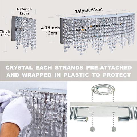 Diagram of Crystal Drape Vanity Light 24 Inch Chrome Over Mirror For Powder Room, with size details and installation parts