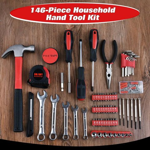 Heavy Duty 146 Piece Home Tool Kit With Hammer Pliers Wrenches Tape Measure Screwdrivers Sockets And Hex Keys In A Durable Plastic Toolbox For Home Garage Office And Dorm Pro Grade Tools With Ergonomic Non Slip Grips