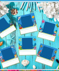 Ocean Themed Photo Nameplates For Desks 48 Pack Self Adhesive Name Tags With Photo Space on blue coral and shell background