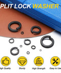 50 Pcs M6 Split Lock Washers Carbon Steel Black Oxide Spring Locking Rings on a tabletop with blue and brown surfaces