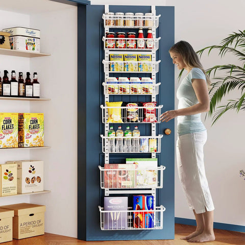Over The Door Pantry Organizer Eight Tier With Adjustable Baskets Metal Hanging Spice Rack for kitchen storage in use