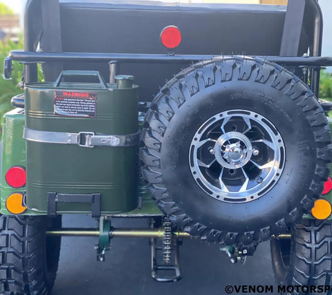 Rear view of Army Green 125cc Go Kart for young adults and teens 16 plus, featuring spare tire and fuel canister.