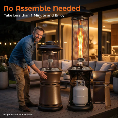 Gas Patio Heater With Wheels, Floor Standing Outdoor Heater With Round Dancing Flame And Glass Tube next to a person setting up