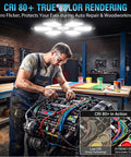 Mechanic working under Ultra Bright 100W LED Garage Lights Pack Of 2 10000 Lumens 6500K Daylight 6 Flexible Panels