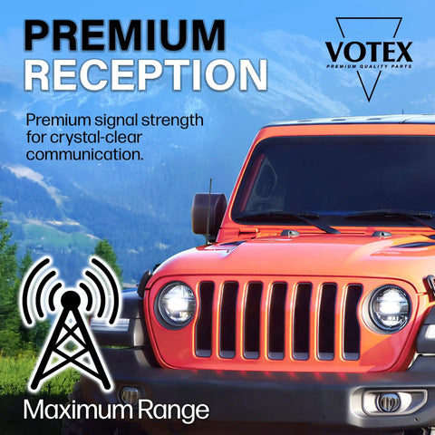 Red Jeep with 13 Inch All Terrain Flexible Rubber Antenna With Spring Steel Internal Core For Cars And Trucks, AM FM Radio Reception, mountain backdrop