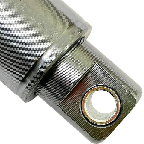 Close-up of Beefed-Up Hydraulic Rear Shock Upgrade, cylindrical suspension for electric scooters, metal finish