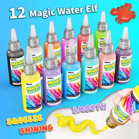 Water Gel Elf Kit For Kids With 12 Color Magic Gels visible in bottles, demonstrating smooth gel flow for creative play.