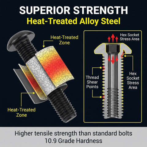 Diagram of All In One M6 10.9 Grade Alloy Steel Hex Socket Bolts showing heat-treated zones and stress areas.