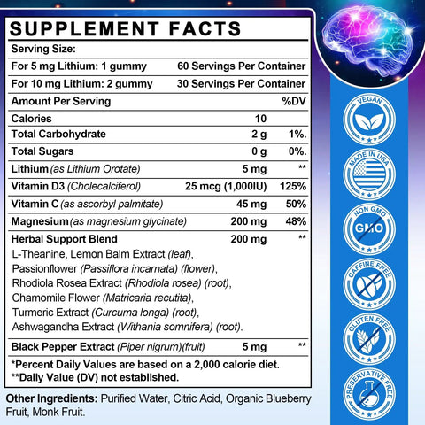 Nutritional facts for 12-In-1 Lithium Orotate Mood Support With Ashwagandha L-Theanine Magnesium Glycinate Lemon Balm Formula.