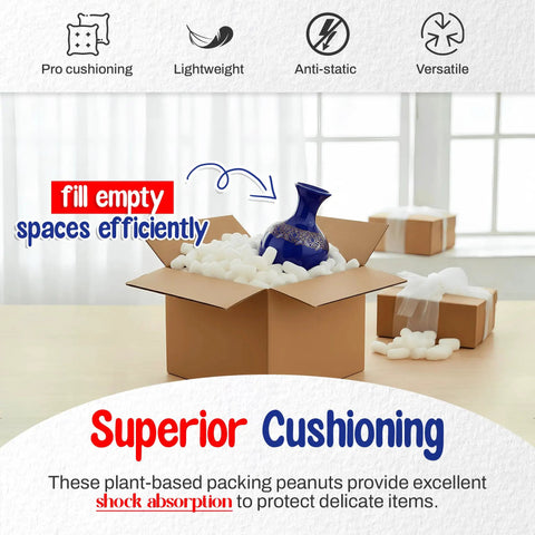 Eco Friendly Off White Plant Based Packing Peanuts Bulk Void Fill Padding For Fragile Moving Supplies Heavy Duty Cushion Material in box protecting a vase.