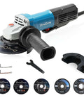 4-1/2-Inch Corded Angle Grinder 1100W 11800RPM Pure Copper Motor with paddle switch and discs for cutting and polishing.