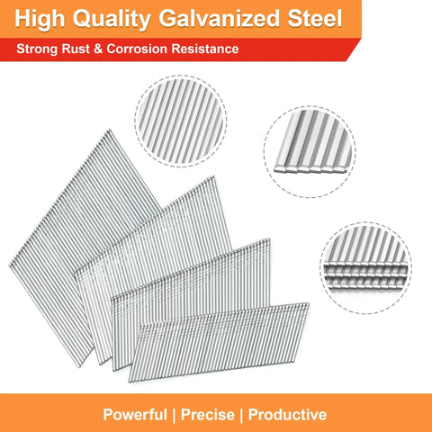 Heavy Hitter Galvanized Finish Nails 16 Gauge 20 Degree Angled 2000 Piece Set showing multiple rows of nails made from galvanized steel.