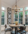 Sphere Farmhouse Orb Chandelier In Oak White And Brown Finish hanging over dining table in bright room, rustic 4 light fixture.