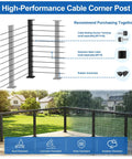 Heavy Duty 36 Inch Stainless Steel Cable Railing Corner Post Featuring 90 Degree L Drilled Holes For Clean Lines And Easy As Pie Assembly Matte Black Finish shown with steel cables.