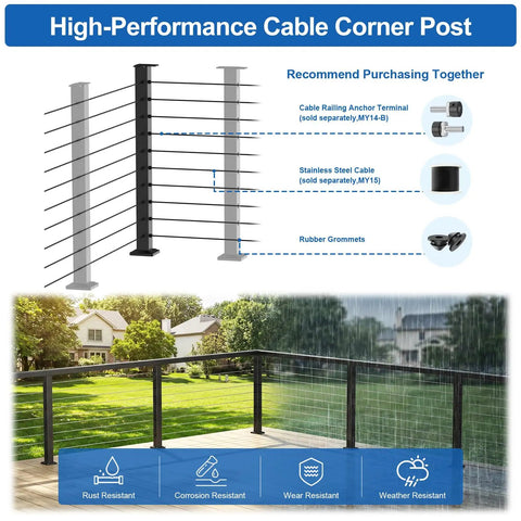 Heavy Duty 36 Inch Stainless Steel Cable Railing Corner Post Featuring 90 Degree L Drilled Holes For Clean Lines And Easy As Pie Assembly Matte Black Finish shown with steel cables.