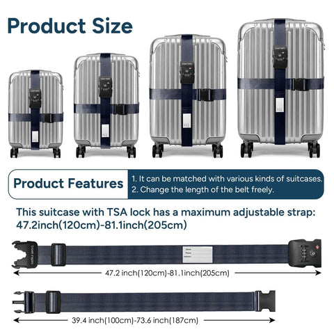 Two Pack Navy Blue Luggage Straps With TSA Lock Heavy Duty Adjustable Cross Travel Belt Anti Theft Suitcase Straps TSA Approved Name Tag Window Durable Travel Gear on silver suitcases showing adjustable sizes from 47.2 in to 81.1 in.