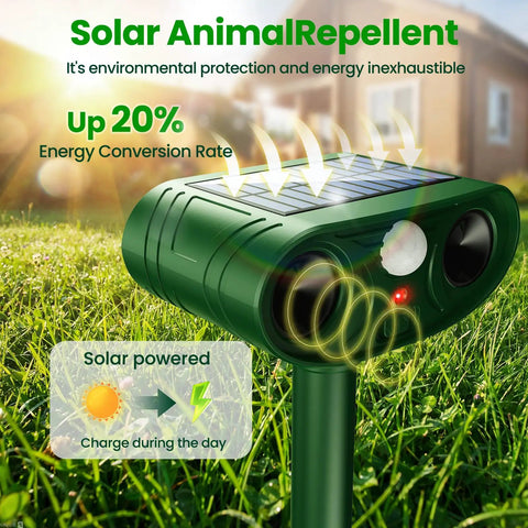 Solar Ultrasonic Animal Repellent Outdoor Motion Sensor Deterrent For Yard Garden Lawn Four Pack Keeps Deer Squirrels Cats Raccoons Rabbits And Dogs Away With PIR Sensor, green solar unit on stake