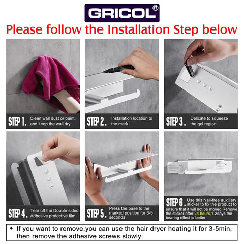 Installation steps for Double Toilet Paper Holder With Shelf And Phone Storage, Wall Mount, Self Adhesive Roll Dispenser, Rustproof Aluminum