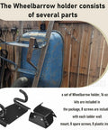 Heavy Duty Wheelbarrow Storage Hook With Silicone Pads, 90 Lb Capacity holding a wheelbarrow on a wooden fence