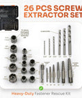 Heavy Duty Screw Extractor Set 26 Pieces Hss Cobalt Bits For Stripped Rusted And Seized Bolts Universal Fit Garage Kit Perfect For Diy Pros And Auto Repair Pros To Bust Those Stubborn Fasteners. 26-piece kit with case, extractors and drill bits