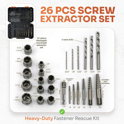 Heavy Duty Screw Extractor Set 26 Pieces Hss Cobalt Bits For Stripped Rusted And Seized Bolts Universal Fit Garage Kit Perfect For Diy Pros And Auto Repair Pros To Bust Those Stubborn Fasteners. 26-piece kit with case, extractors and drill bits