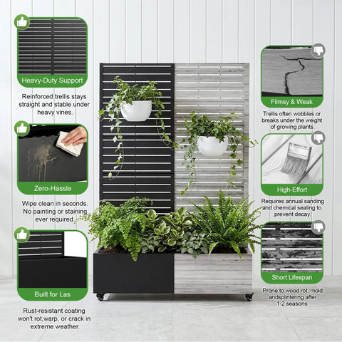 Metal Raised Garden Bed With Trellis And Wheels For Climbing Plants Veggies And Vines Rust Resistant Galvanized Steel Planter 72 By 47 By 16 Inches Includes Drainage Holes And Black Privacy Screen, showing plants and trellis installation