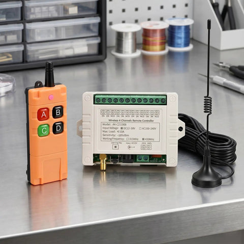 Four Channel 433 MHz Wireless Relay Switch Remote Control For Garage Door Opener And Industrial Control With 12V 24V 36V DC Compatibility Up To 600 Feet Long Range Transmitter on workbench