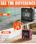 Digital Angle Finder With Dual Hella Bright Green Lasers And Rugged Magnetic Base Four Side Layout Gauge for Carpenters and Floor Layers comparing precision.
