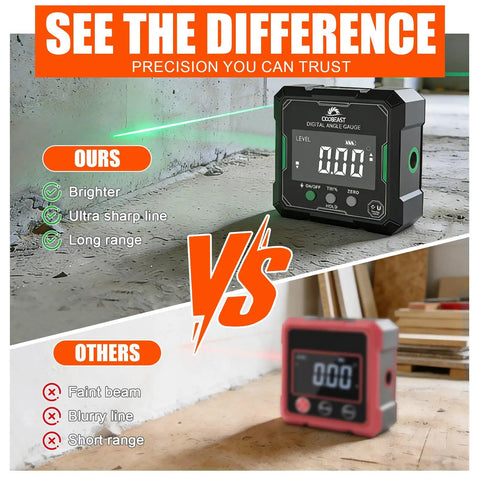 Digital Angle Finder With Dual Hella Bright Green Lasers And Rugged Magnetic Base Four Side Layout Gauge for Carpenters and Floor Layers comparing precision.