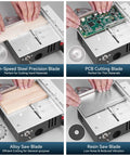 Compact Mini Table Saw Featuring Game Changing Dual Motor Safety Switches showcasing various blades for cutting different materials.