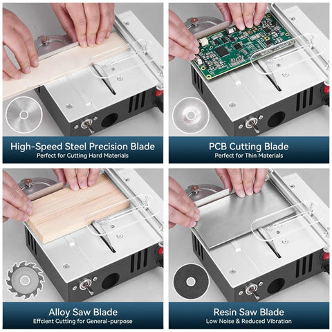 Compact Mini Table Saw Featuring Game Changing Dual Motor Safety Switches showcasing various blades for cutting different materials.