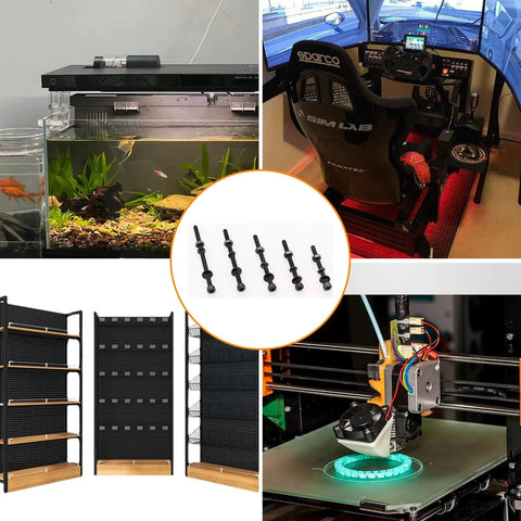 Collage featuring an aquarium, racing simulator, shelving units, 3D printer, and 461 Piece M3 Hex Socket Head Screws Kit with Nuts.