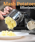 Large 15oz Potato Ricer And Stainless Steel Masher in use for smooth fluffy mash, showcasing 3mm holes. Mash Potatoes Effortlessly.
