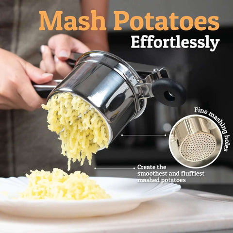Large 15oz Potato Ricer And Stainless Steel Masher in use for smooth fluffy mash, showcasing 3mm holes. Mash Potatoes Effortlessly.