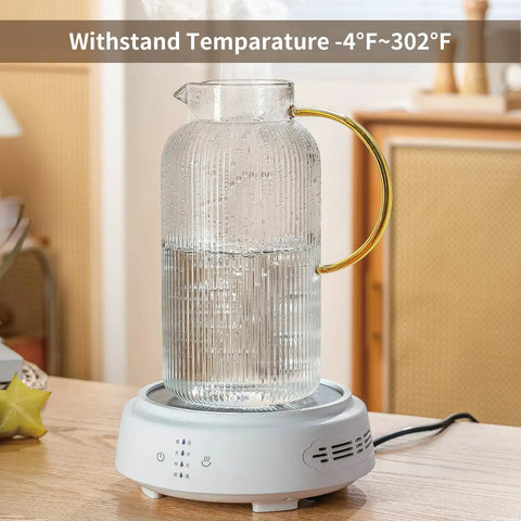 Two Piece Glass Pitcher Set Including Secure Glass Lid And Cushioned Anti Slip Silicone Base For Kitchen Counter Safe Serving Heavy Duty Water Jug Hassle Free Dispensing For Iced Coffee And Fresh Juice with temperature warning.