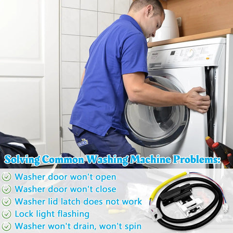 Technician repairing washer with washing machine lid lock replacement assembly displayed