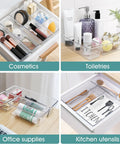 Sweet Clear Drawer Organizers, Slick Non Toxic Plastic Bins For Makeup And Vanity Gear, shown in various organizational setups.